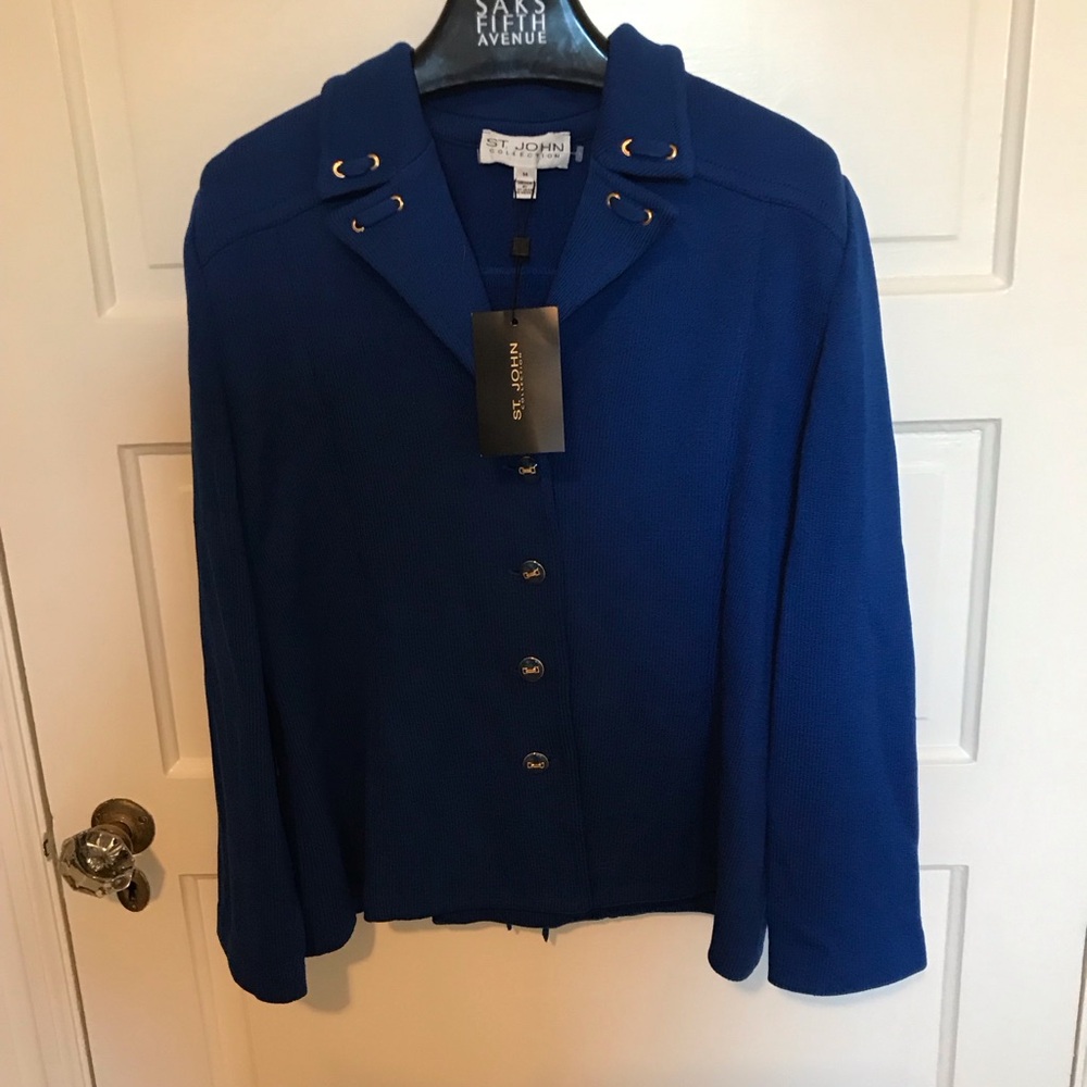 St John Knits Deep Ocean Blue Sweater Jacket Buttons Size 14 Vintage Career NWT
